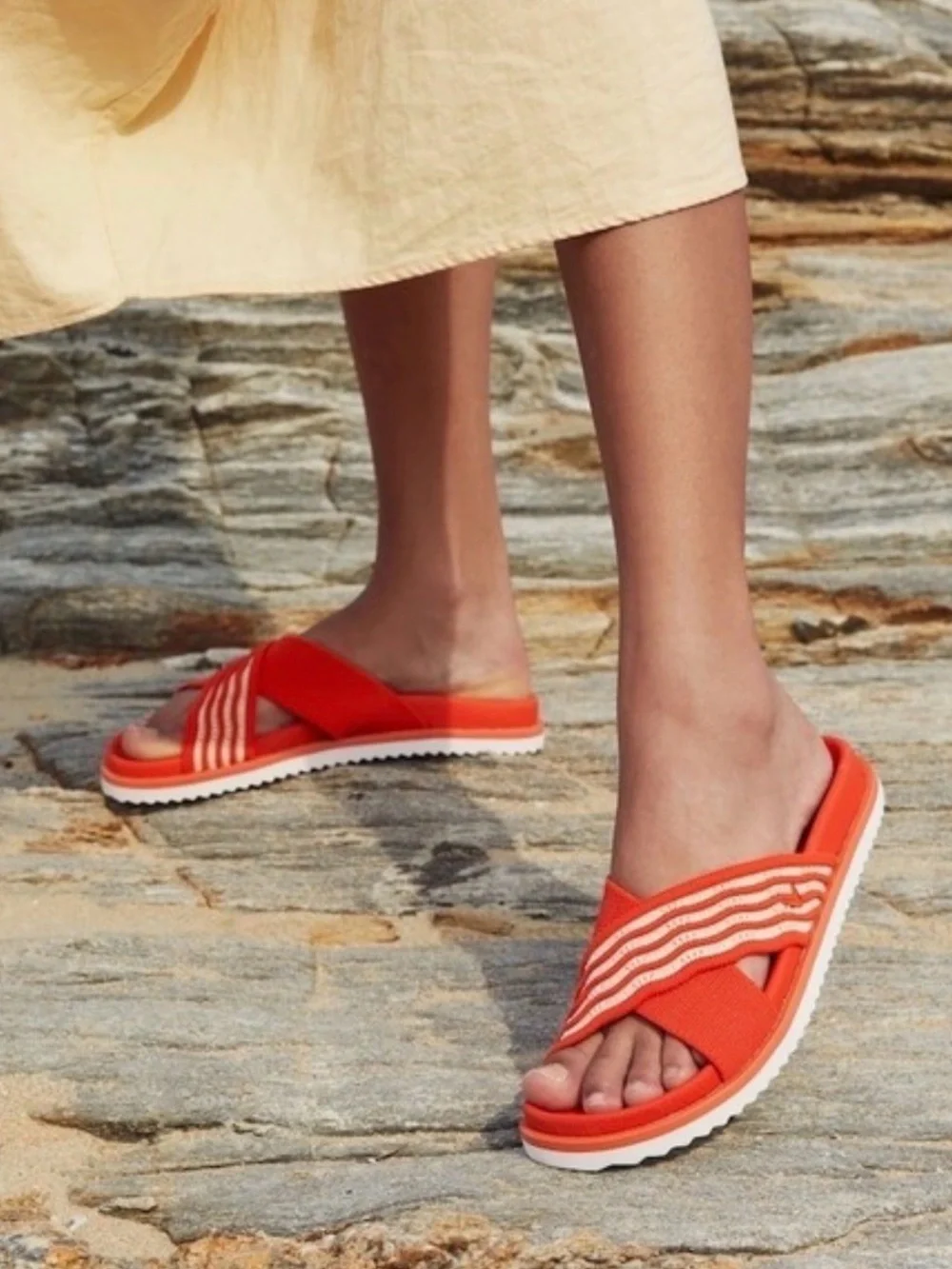 Vivaia Orange Knit Criss Cross Striped Strap Slide Sandals Size 6 - Picture 3 of 10